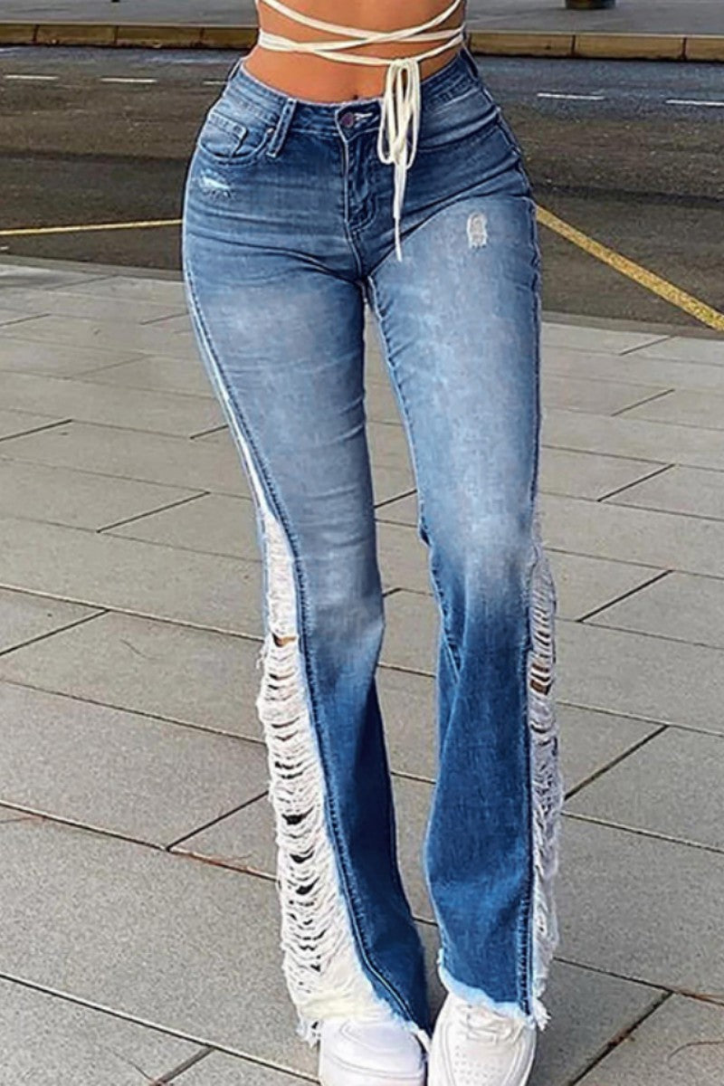 lovwvol  - Baby Blue Casual Patchwork Ripped High Waist Regular Denim Jeans