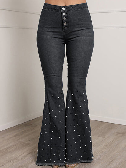 lovwvol  - Blue Casual Buckle Beading Mid Waist Regular Denim Jeans