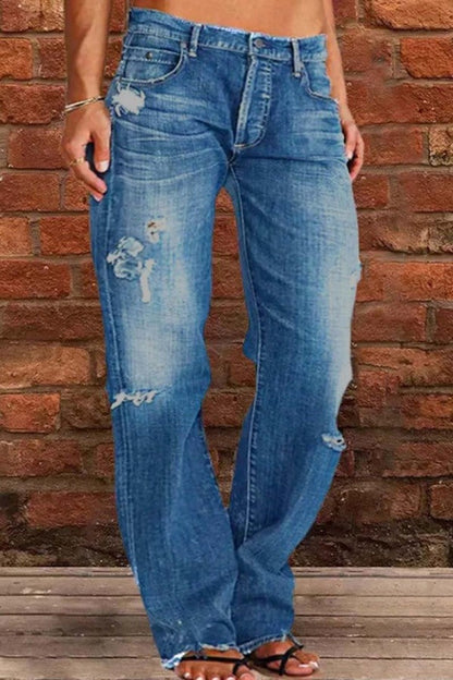 lovwvol  - Blue Casual Solid Ripped Patchwork Mid Waist Regular Denim Jeans