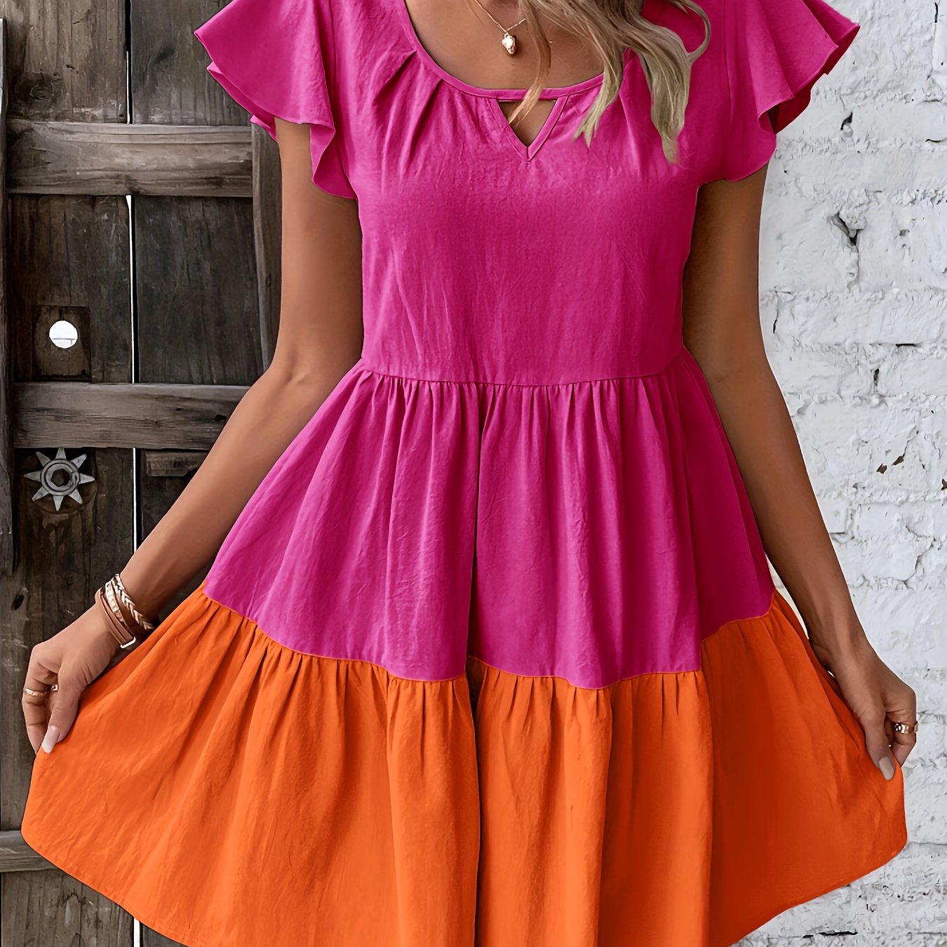 Women's Spring & Summer Flare Dress - Charming Crew Neck with Ruffle Sleeves, Flowy Ruffle Hem, Breathable Fabric, Perfect For Day-to-Night Wear