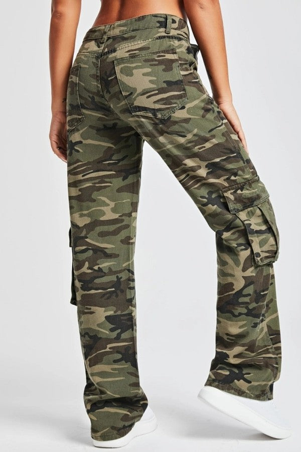 lovwvol  - Army Green Casual Camouflage Print Patchwork Mid Waist Denim Jeans