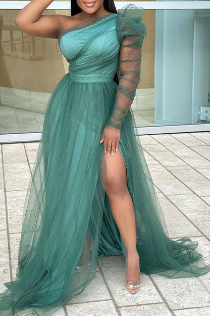 Solid Color One Shoulder Elegant Split Swing Tulle Maxi Dress