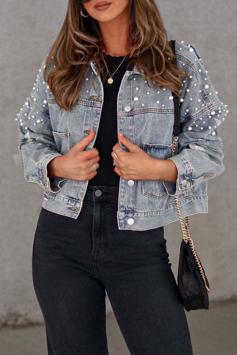 lovwvol  - Light Blue Casual Solid Beading Turndown Collar Long Sleeve Denim Jacket