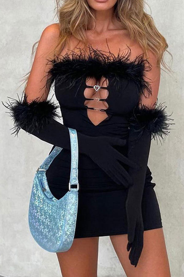 Fluffy Glamorous Cutout Mini Dress (With Gloves)