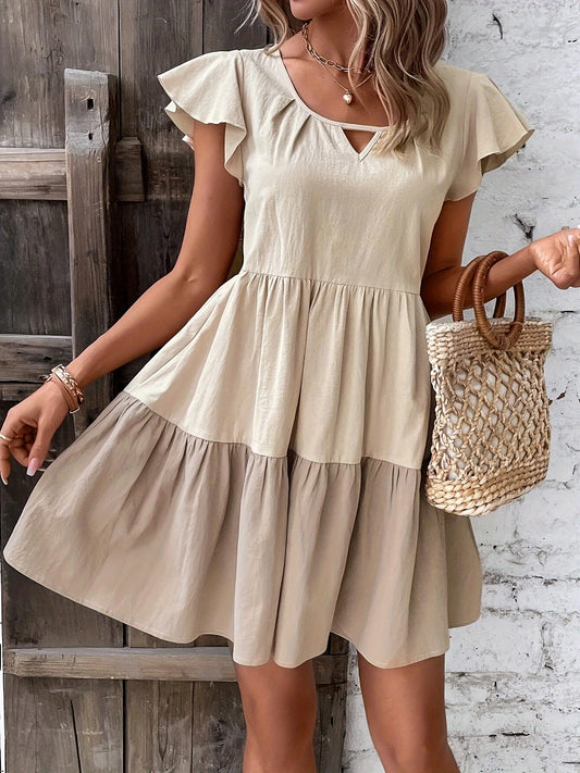 Women's Spring & Summer Flare Dress - Charming Crew Neck with Ruffle Sleeves, Flowy Ruffle Hem, Breathable Fabric, Perfect For Day-to-Night Wear