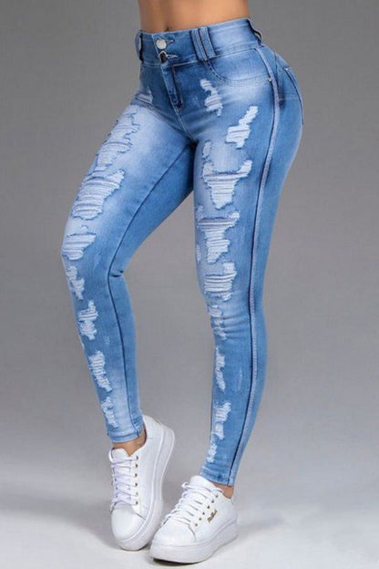 lovwvol  - Dark Blue Fashion Casual Solid Ripped Patchwork High Waist Skinny Denim Jeans