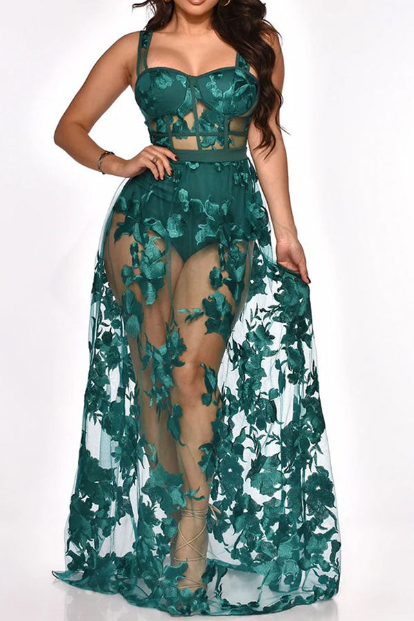 Floral Embroidery Glamorous See-Through Maxi Dress