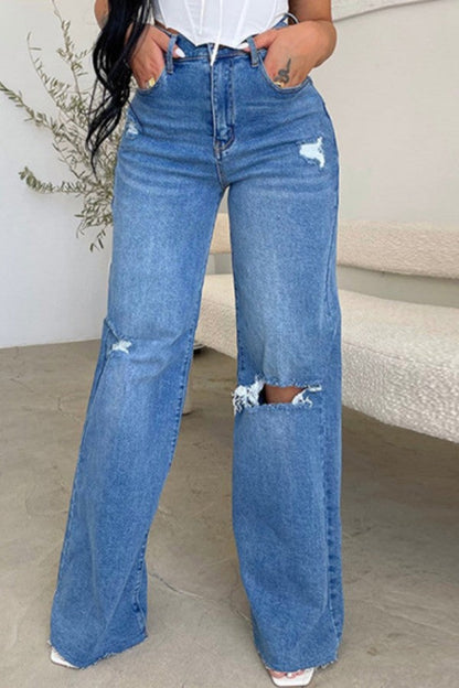 lovwvol  - The cowboy blue Casual Solid Ripped Patchwork High Waist Regular Denim Jeans