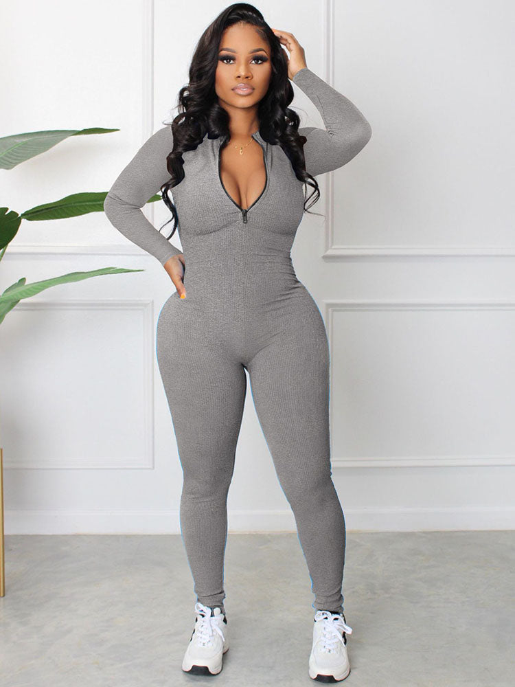 Knit Long Sleeves Zipper Bodycon Jumpsuits