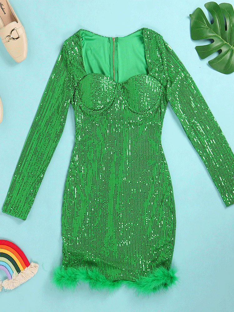 Sequin Feather Patchwork Mini Dress