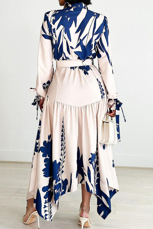 Floral Print Feminine Belted Irregular Maxi Dress