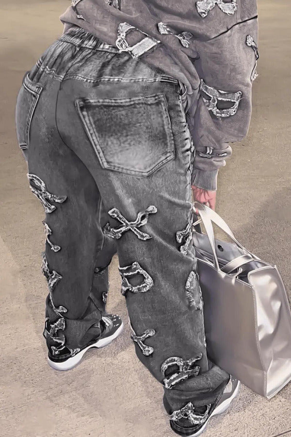 lovwvol  - Grey Street Print Make Old Patchwork High Waist Denim Jeans