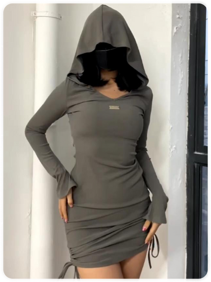 Street Gray Hooded Drawstring Dress Mini Dress