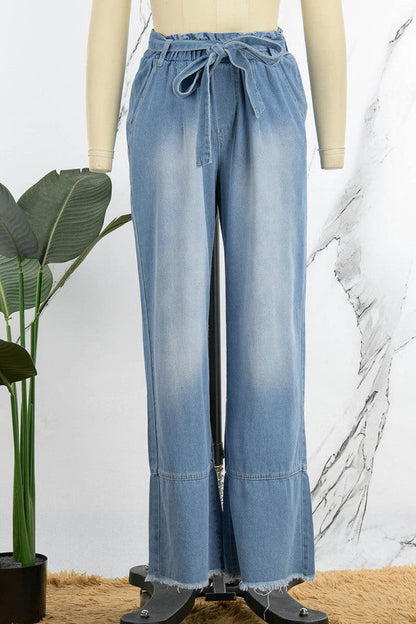 lovwvol  - Light Blue Casual Solid Bandage Patchwork High Waist Straight Denim Jeans