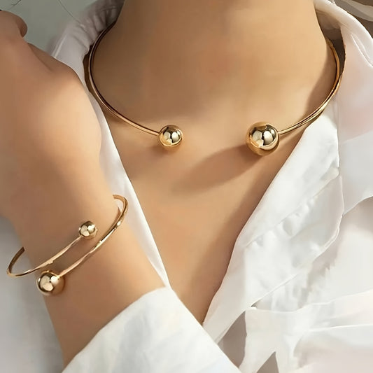 1 Pc Necklace +1 Pc Bracelet With Double Golden Balls Design Alloy Jewelry Set Vintage Punk Style Trendy Female Accessories