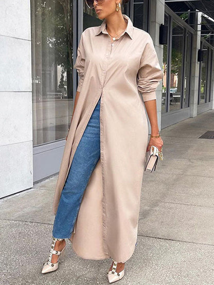 Solid Button Split Shirt Dress