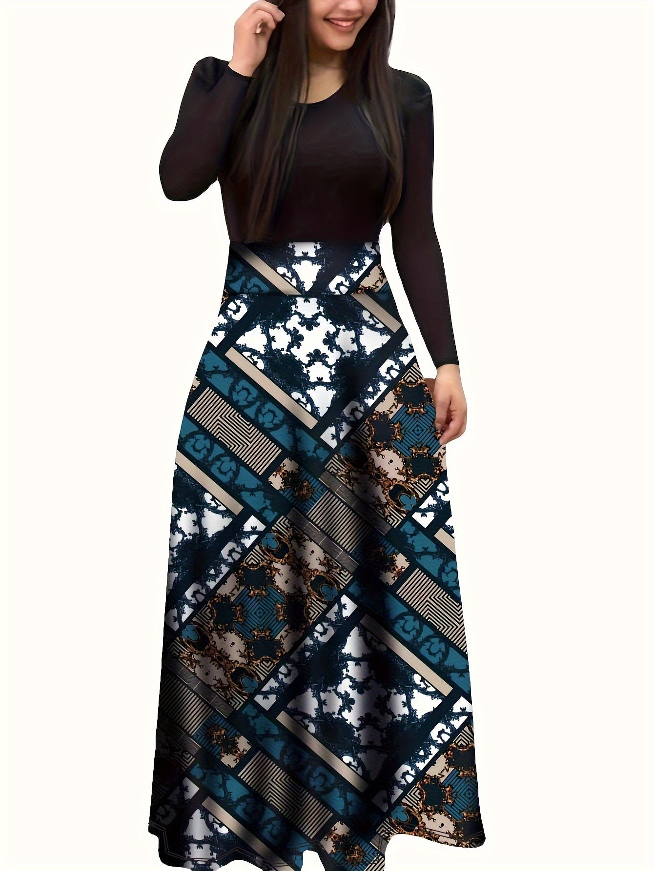 Elegant Floral Maxi Dress: Comfort-Fit, Crew Neck, Easy-Care, Perfect for Spring/Fall - Chic & Durable