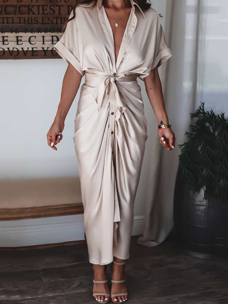 Satin Pleated Bandage Shirt Dress