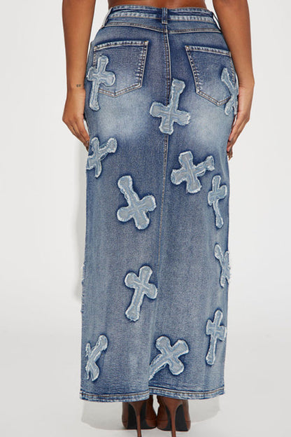 Cross Applique On-trend High Split Washed Denim Dress Suit