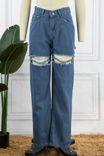 lovwvol  - Blue Casual Solid Ripped High Waist Regular Denim Jeans