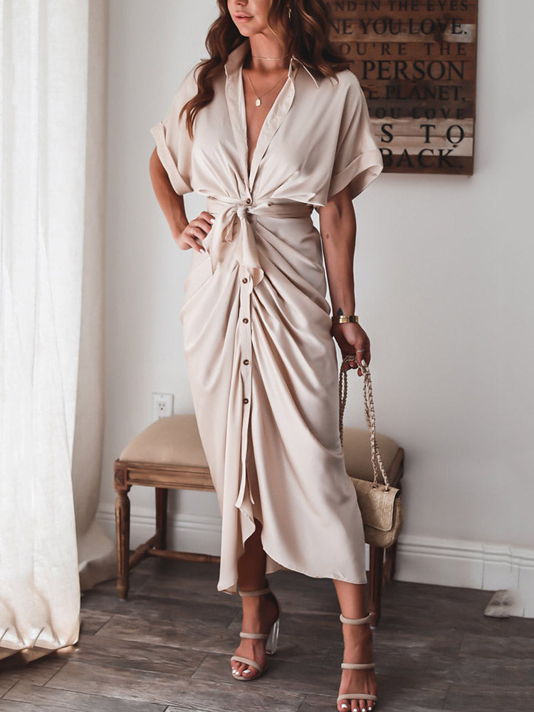 Satin Pleated Bandage Shirt Dress