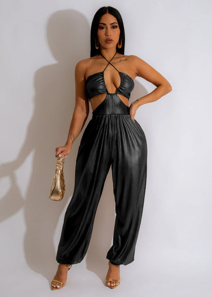 fashion sexy wrap chest hollow Low Back tie pu Jumpsuit for women