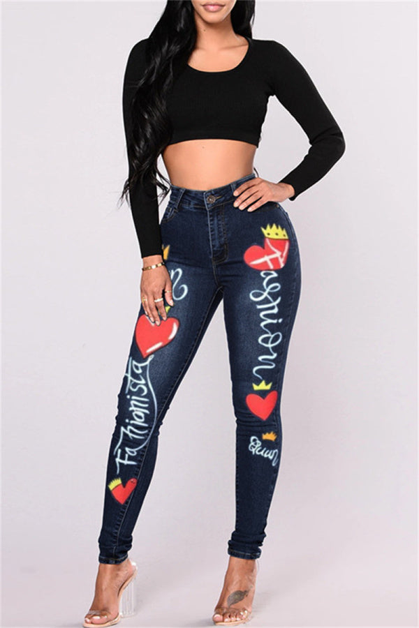 lovwvol  - Deep Blue Fashion Casual Print Patchwork Mid Waist Skinny Denim Jeans