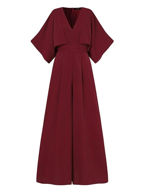 Simple Solid Color V-Neck Half Sleeves Wide Leg Jumpsuits