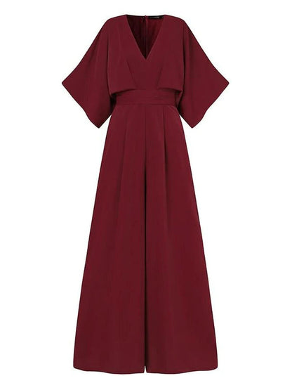 Simple Solid Color V-Neck Half Sleeves Wide Leg Jumpsuits