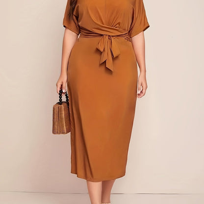 Chic All-Season Elegance: Durable Knit, Non-Sheer Solid Color Dress with Crew Neck, Half-Sleeves, and Flattering Tie Waist