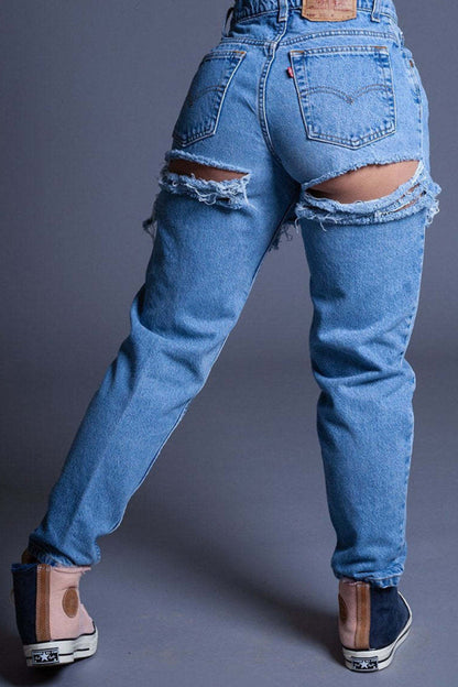 lovwvol  - Blue Casual Solid Ripped High Waist Regular Denim Jeans