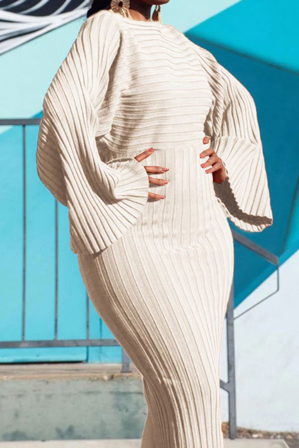 Solid Color Ribbed Chic Batwing Sleeve Maxi Dress