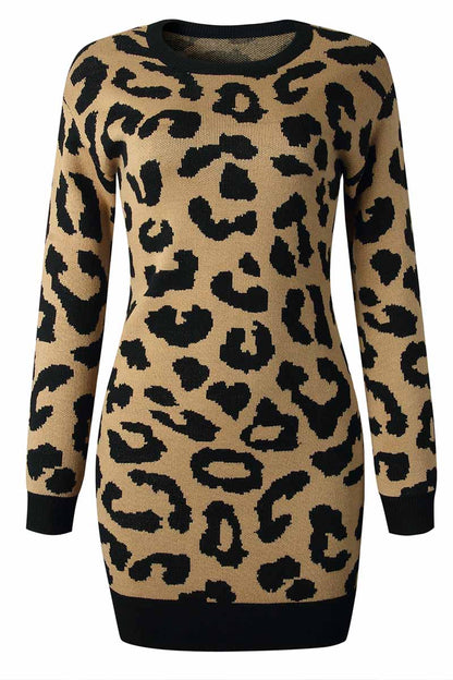 lovwvol Leopard Print Oneck Mini Dress