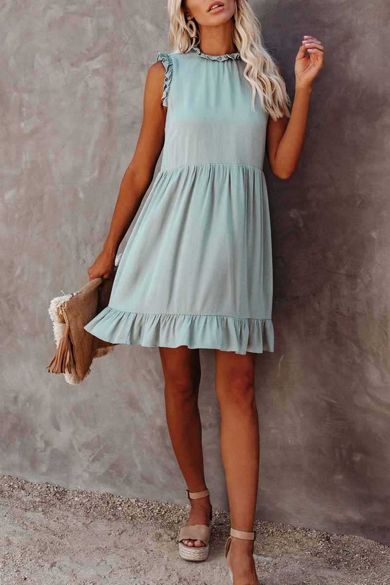 lovwvol Solid Color Ruffled Waist Mini Dress