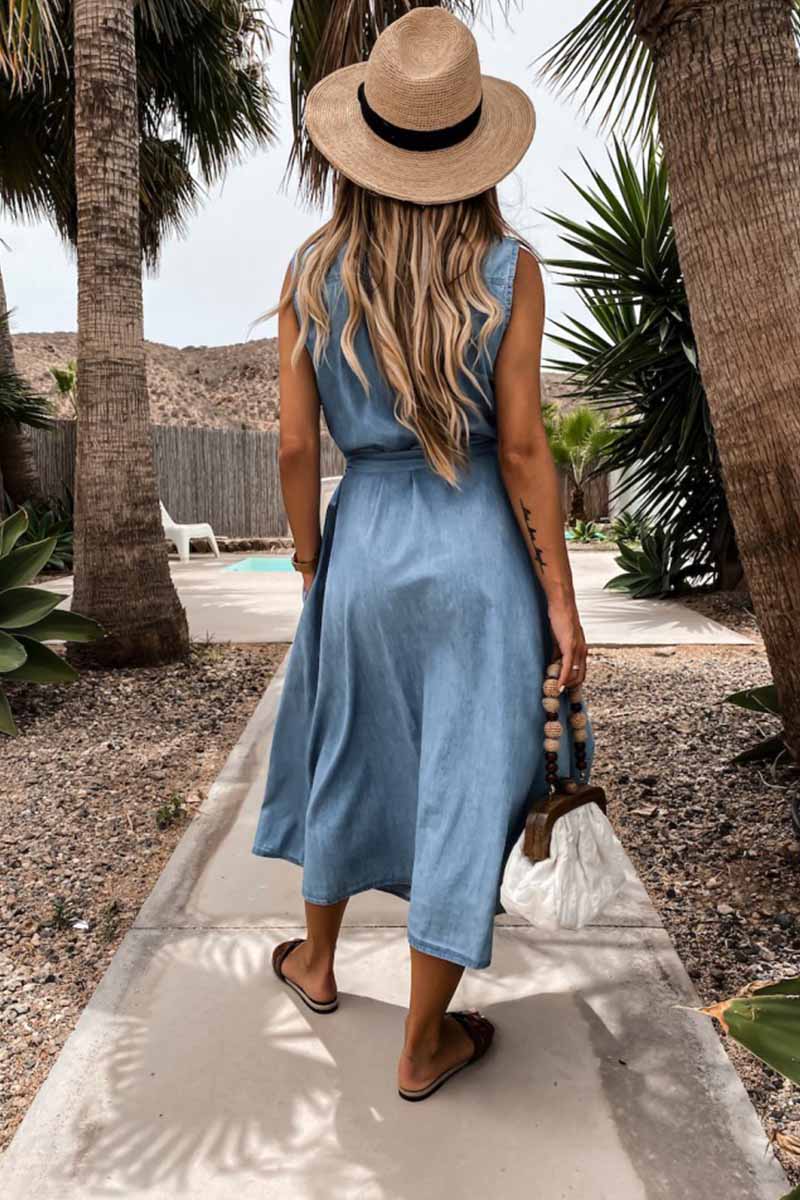 lovwvol Sleeveless Lace-Up Single-Breasted Denim Midi Dress