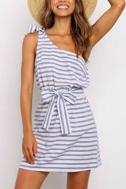 lovwvol Summer Sexy One-Shoulder Lace-Up Stripes Mini Dress