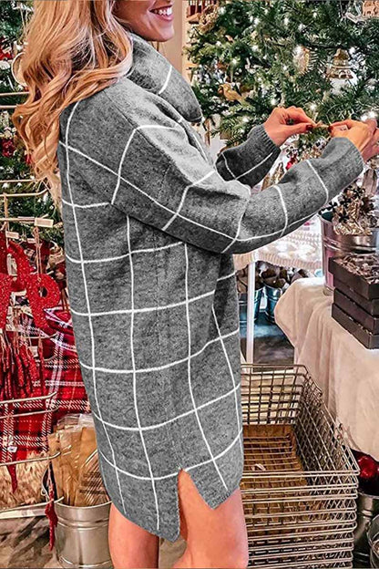 lovwvol High Collar Plaid Loose Mini Dress