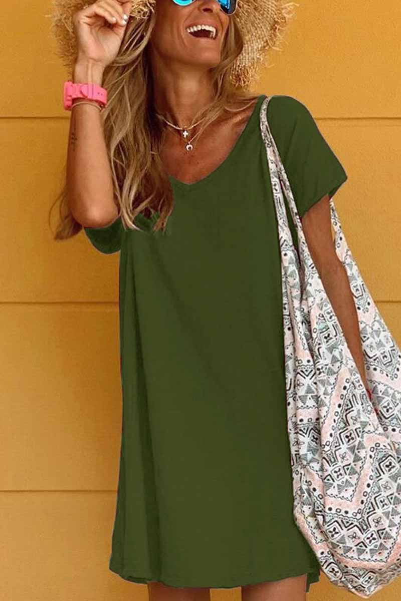 lovwvol Loose Solid Color Short Sleeve V-Neck Mini Dress