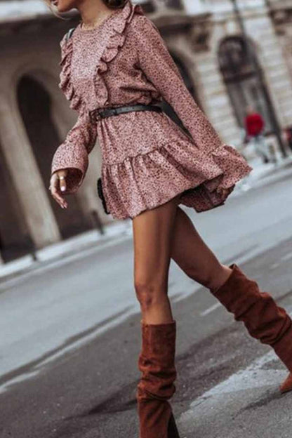 lovwvol Ruffle Print Long Sleeves Mini Dress