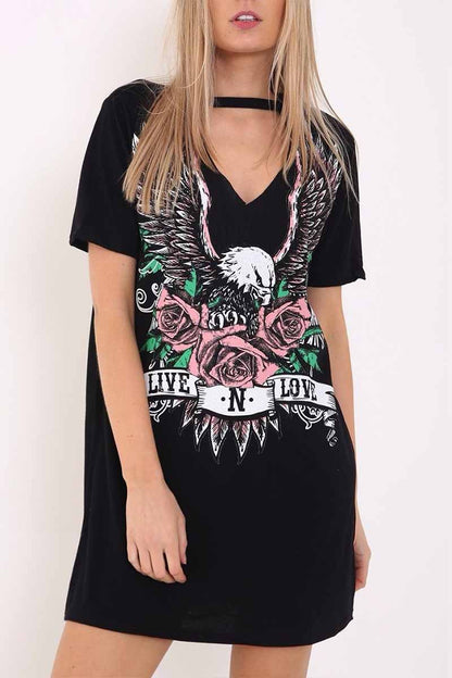 lovwvol Women's Choker Cutout V-Neck Eagle Printed Short Sleeve Mini T-Shirt Dress