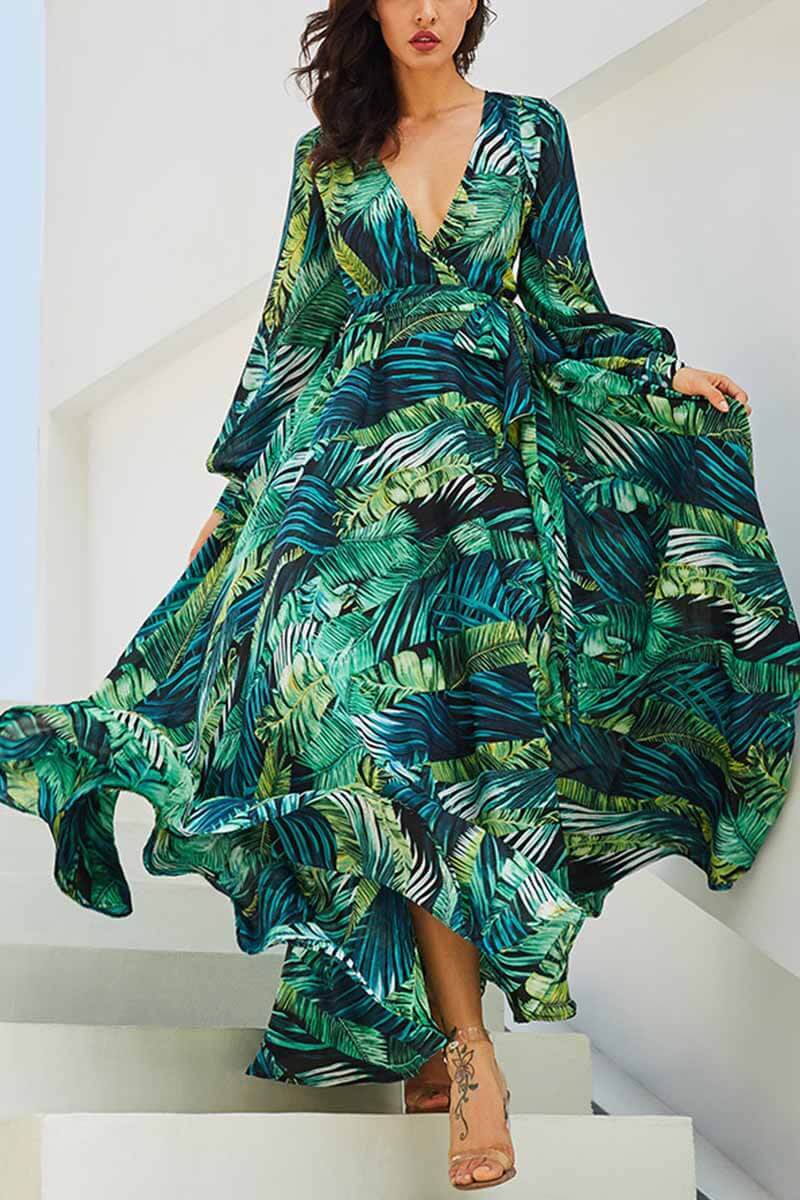 lovwvol V-Neck Leaf Print Maxi Dress