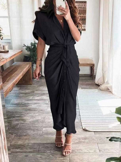 Satin Pleated Bandage Shirt Dress