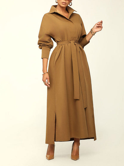 Turndown Collar With Belt Maxi Dress