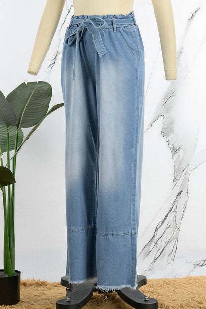 lovwvol  - Light Blue Casual Solid Bandage Patchwork High Waist Straight Denim Jeans