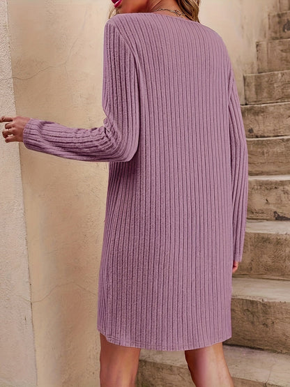 Long Sleeve Above Knee Loose Fit Ribbed Knit Dress - Classic Solid V Neck, Casual Style, Comfortable and Flattering - Womens Daily Wear Clothing