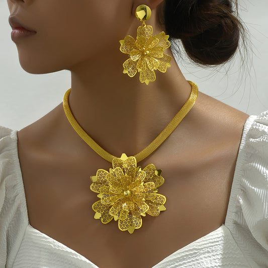 Elegant Flower Jewelry Set - Delicate Earrings & Necklace Pair, Plated Finish, Versatile for Daily Wear, Parties & Weddings