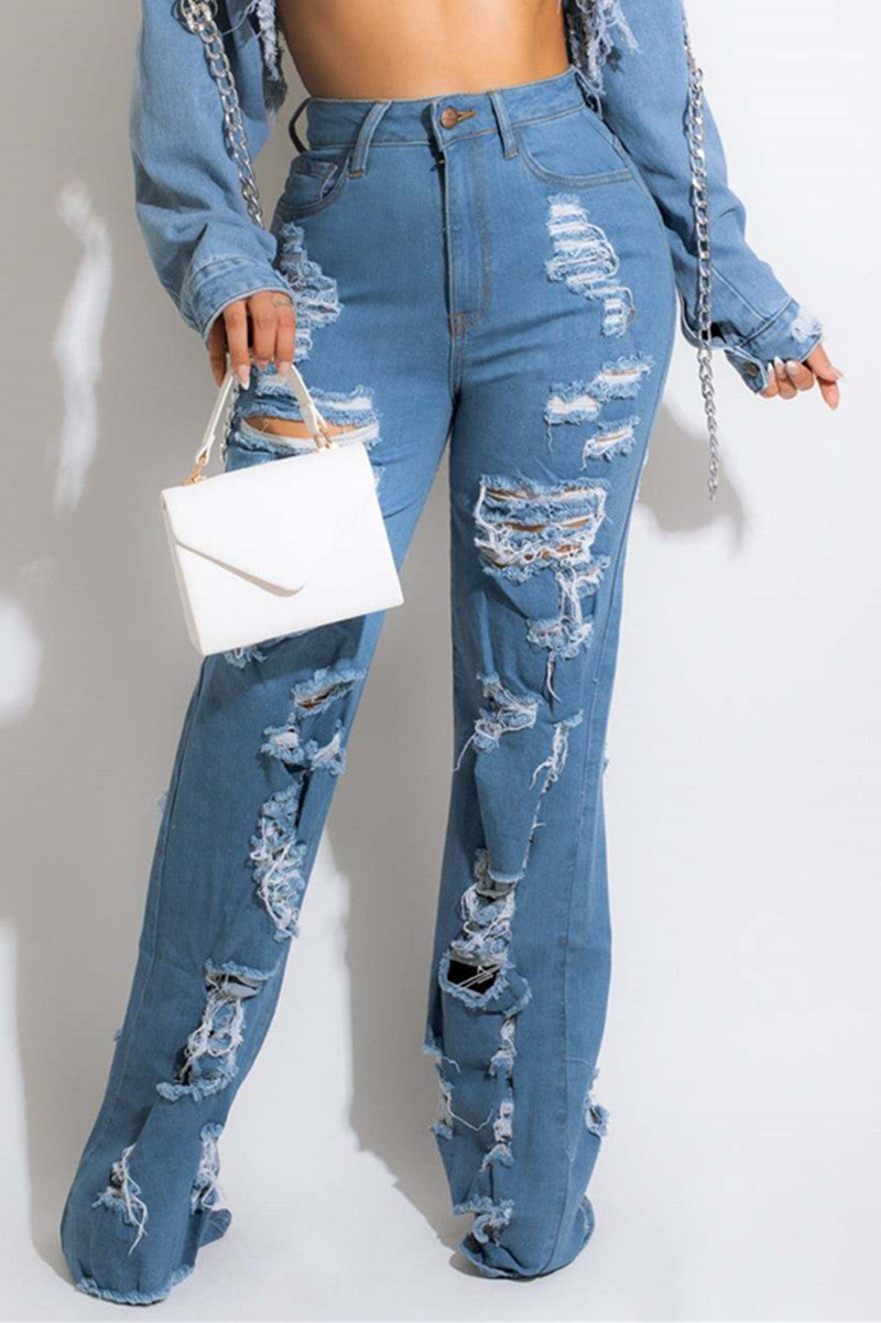 lovwvol  - The cowboy blue Fashion Casual Solid Ripped Patchwork High Waist Regular Denim Jeans