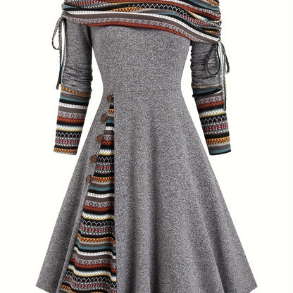 Chic Off-Shoulder Striped Dress - Adjustable Drawstring Fit, Perfect for Any Occasion