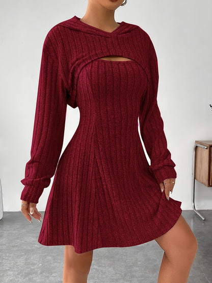 lovwvol Solid Color Ribbed Dress Set, Long Sleeve Hoodie Shrug Top & Sleeveless Square Neck A-line Tank Dress Outfits, Women's Clothing