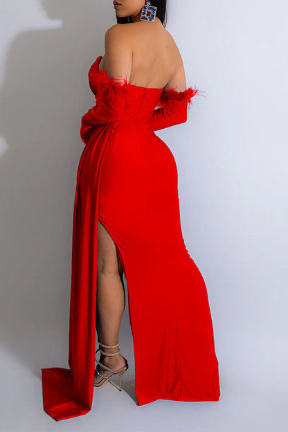 Solid Color Bandeau Elegant Side Train Maxi Dress